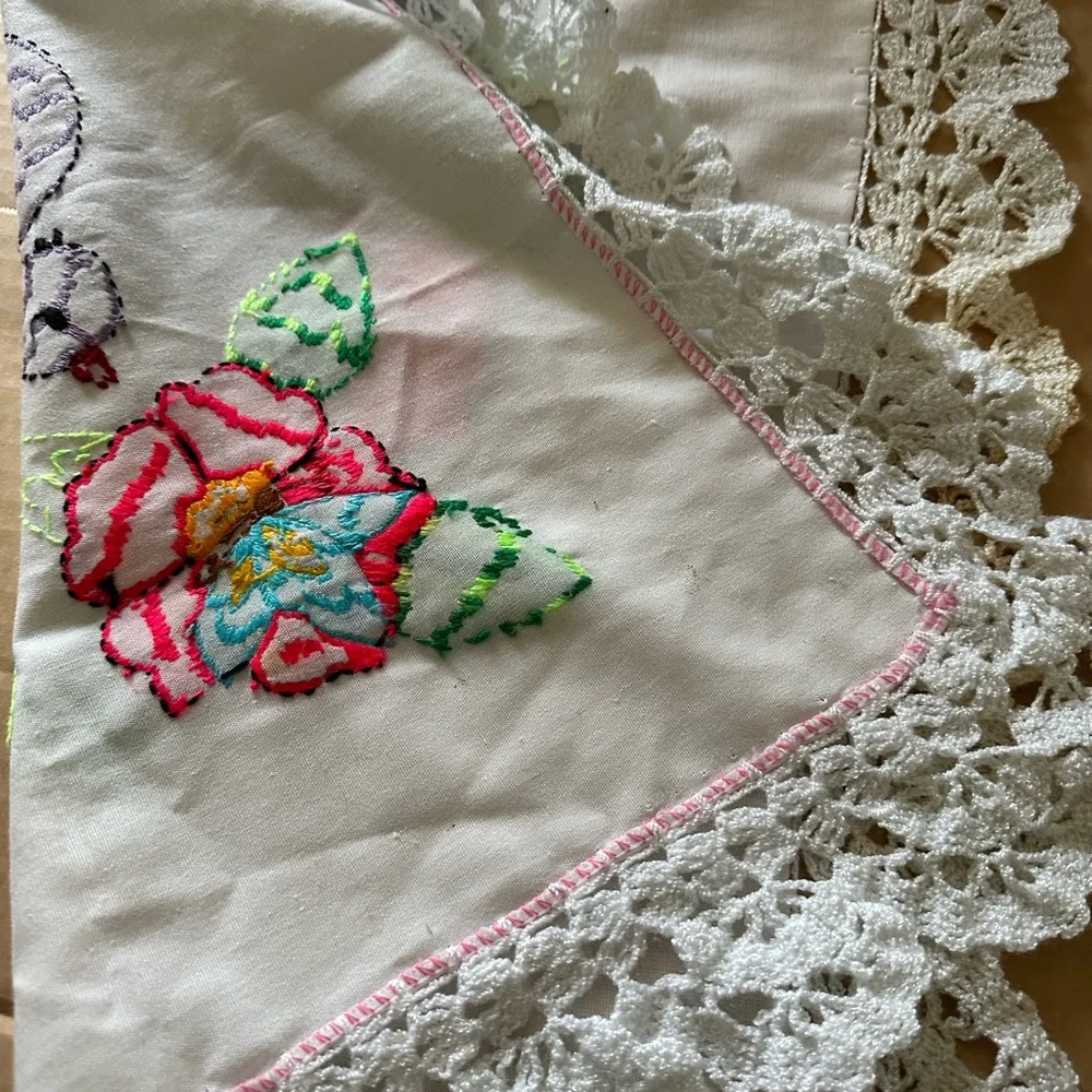 Embroidered Bird & Floral Lace Doily ⚠️ Stains 24 x 21 Large Piece